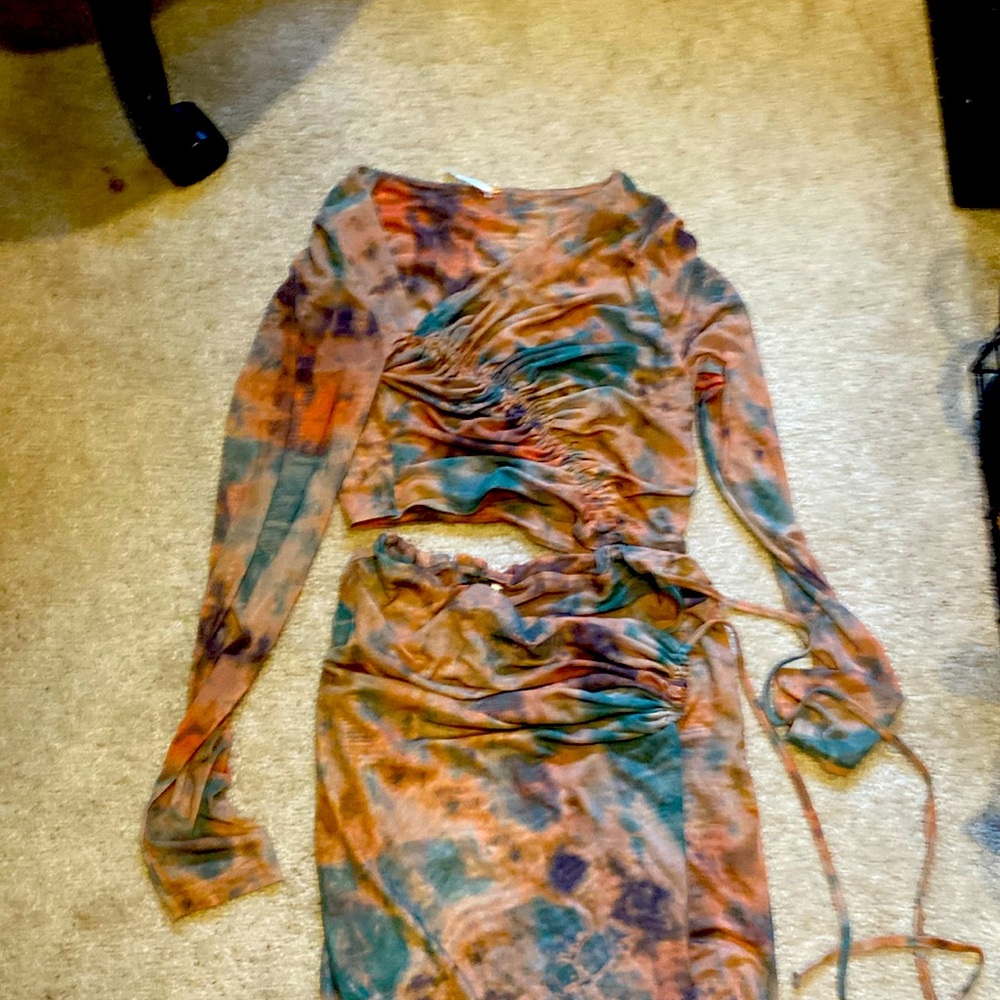 2 piece tie dye mesh set maxi wrap skirt and ruched long sleeve top. Worn once.
